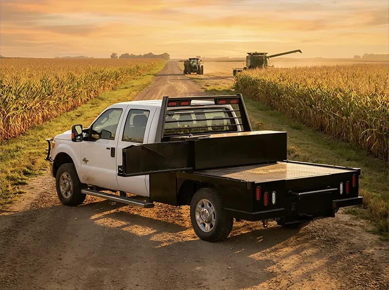 Shop-N-Box™ roll-out truck toolbox organization system for farm and ranch agricultural flatbed trucks