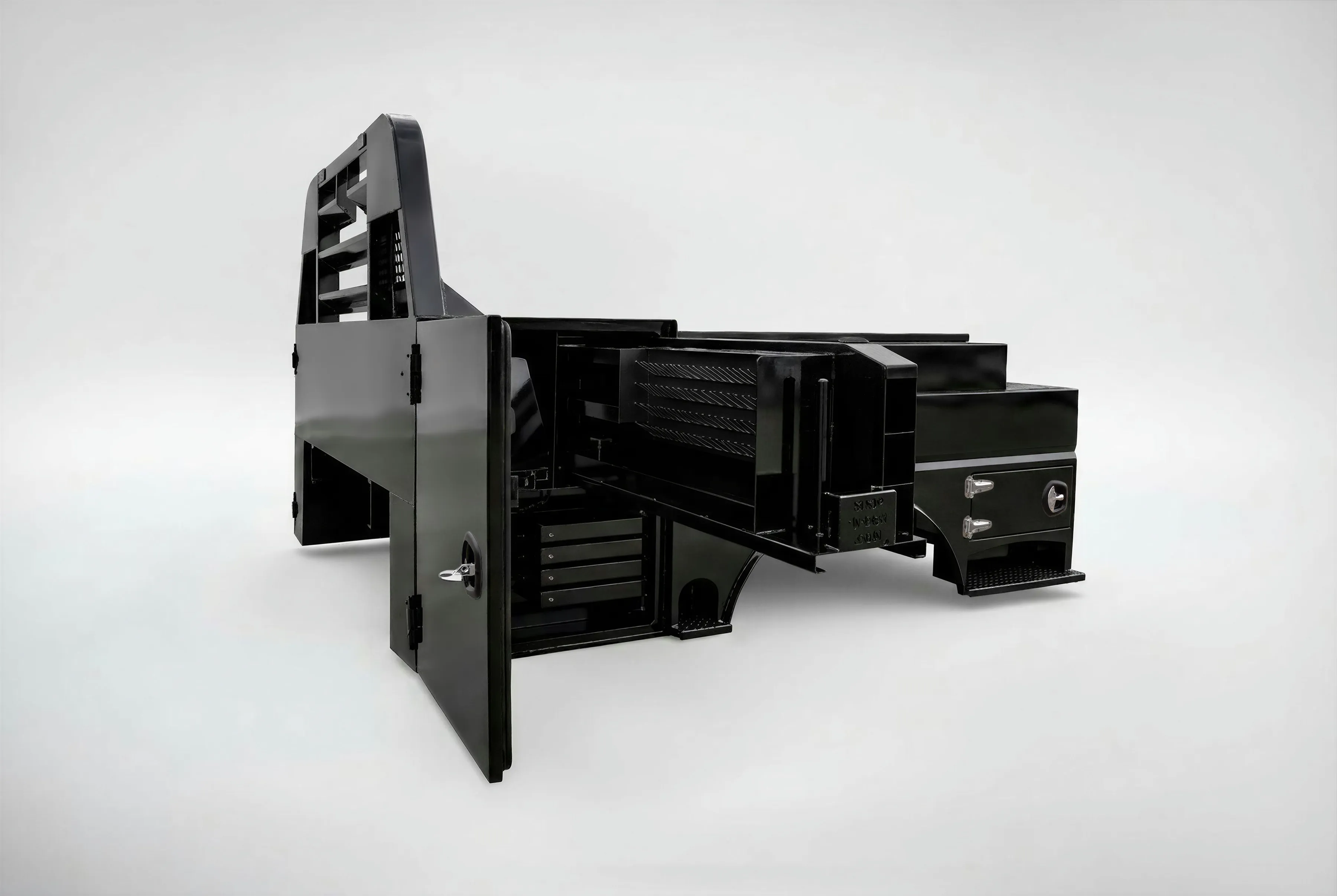 Shop-N-Box™ Legend Bed roll-out drawers extended showing modular insert organization system