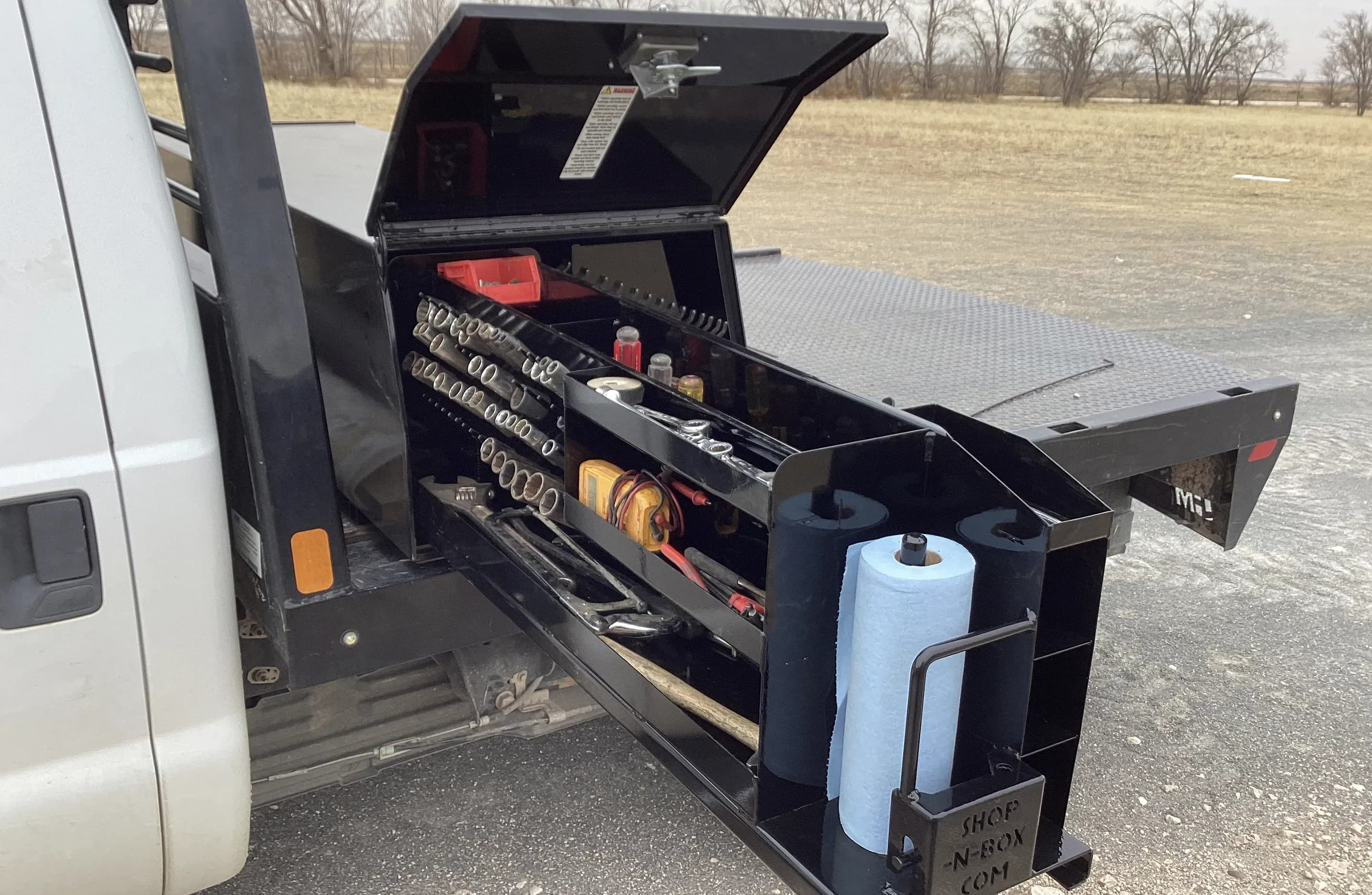Shop-N-Box\u2122 2-80 Model flatbed truck toolbox key features showing two pull-out compartments