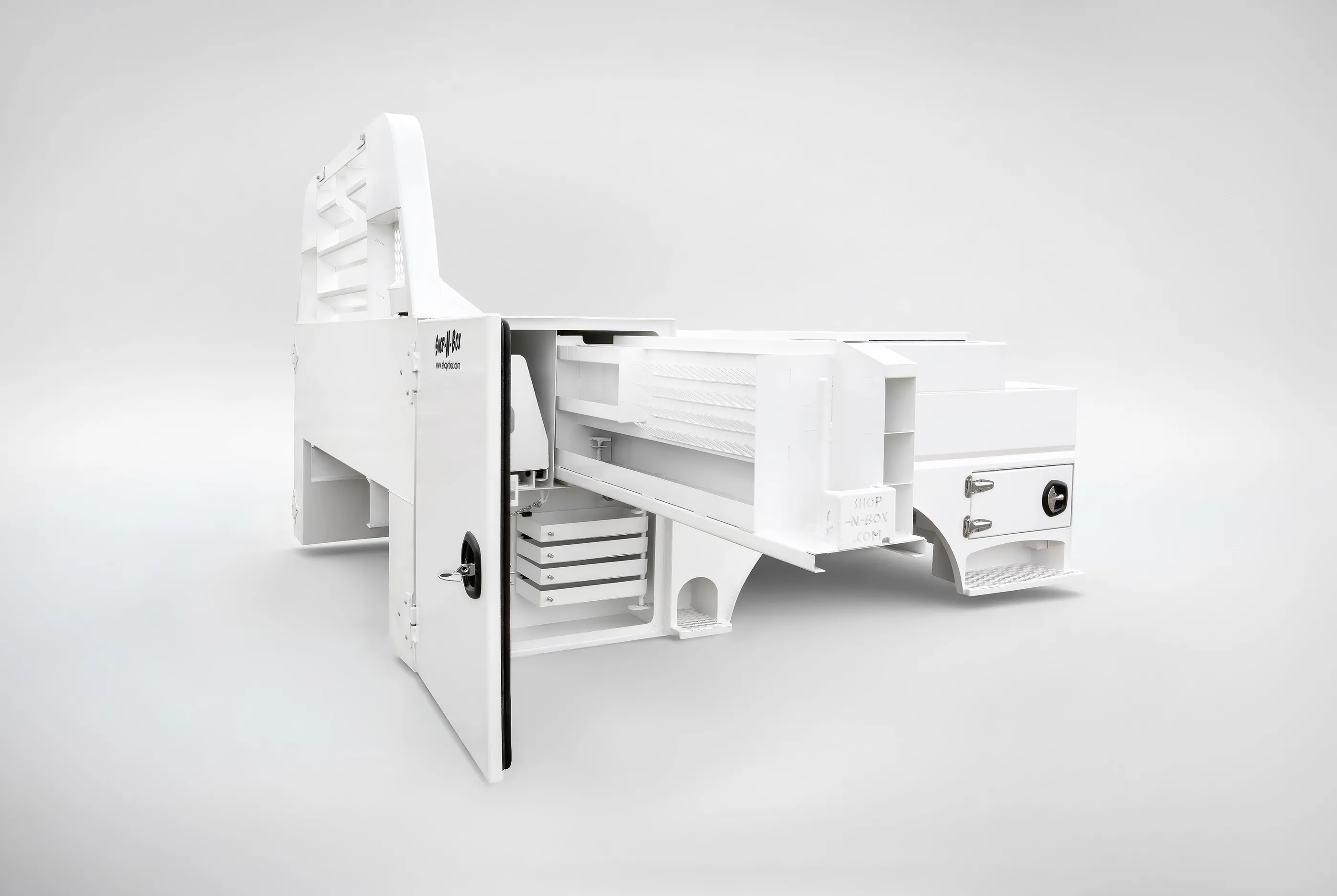 Shop-N-Box Legend Bed white finish with side compartment open