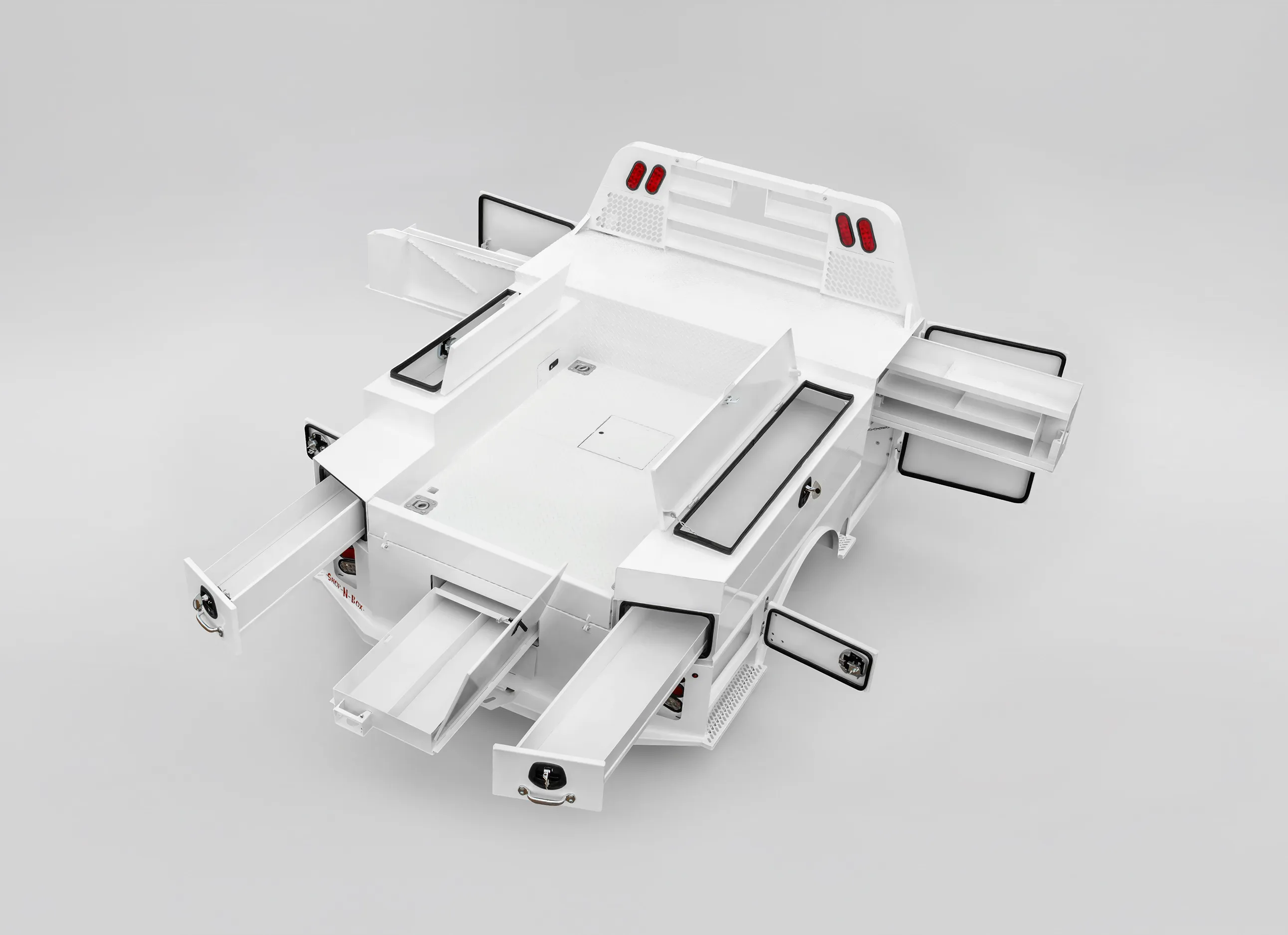 Shop-N-Box Legend Bed white finish with all compartments open top view