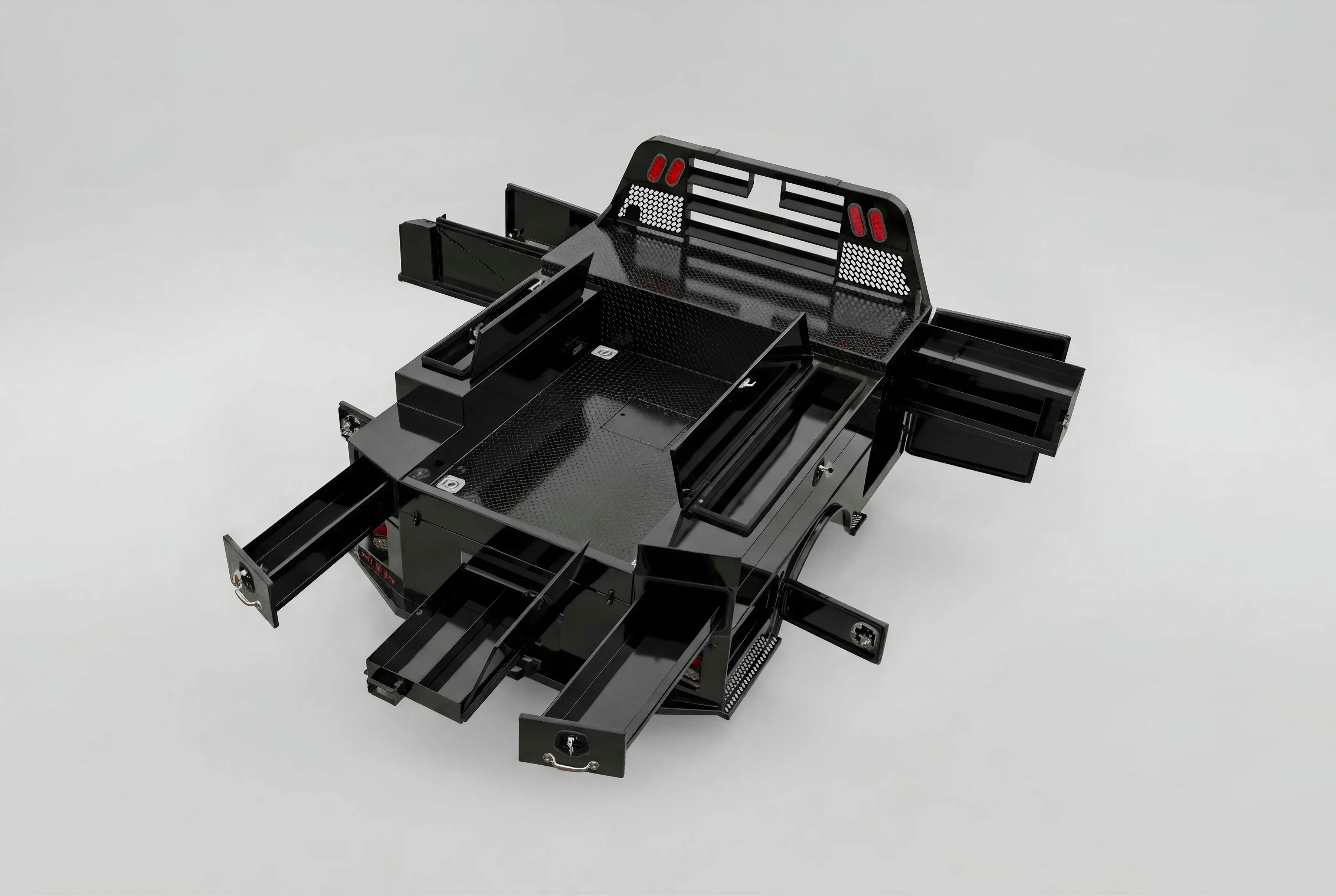 Shop-N-Box™ Legend Bed rear view showing roll-out inserts and patented roller system