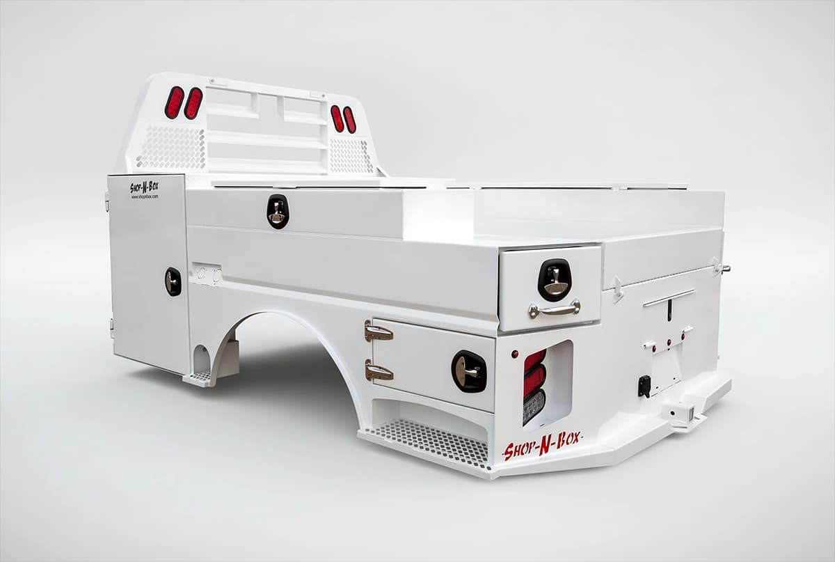 Shop-N-Box Legend Bed roll-out truck bed toolbox system with locking compartments, headache rack, and integrated storage