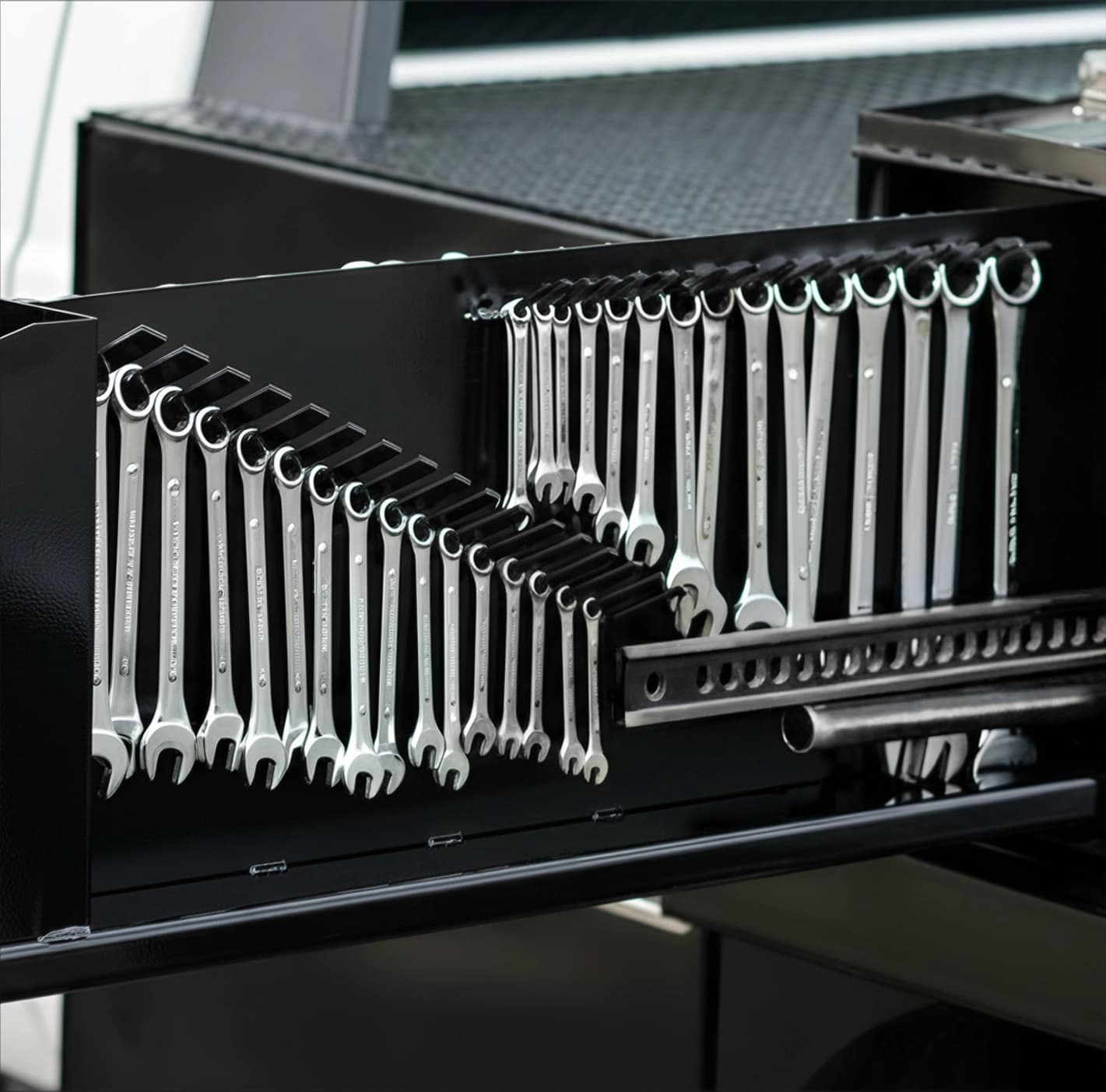 Shop-N-Box™ roll-out vertical drawer with organized wrenches, sockets, and hand tools