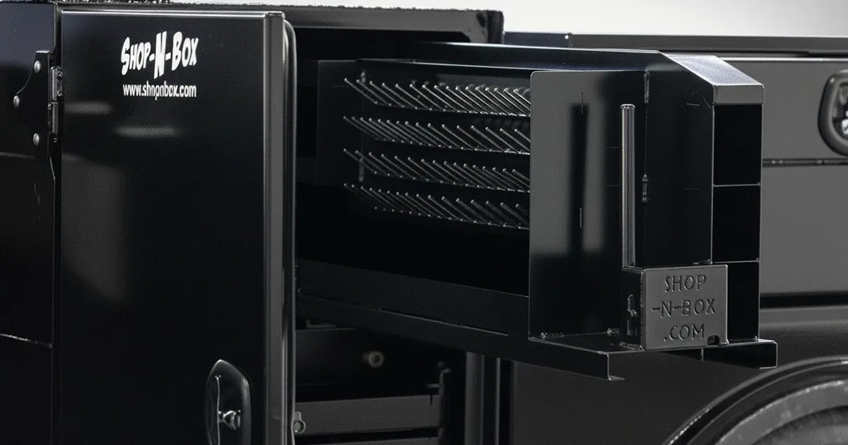 oilfield service truck toolbox organization with patented roller system and modular inserts shop-n-box