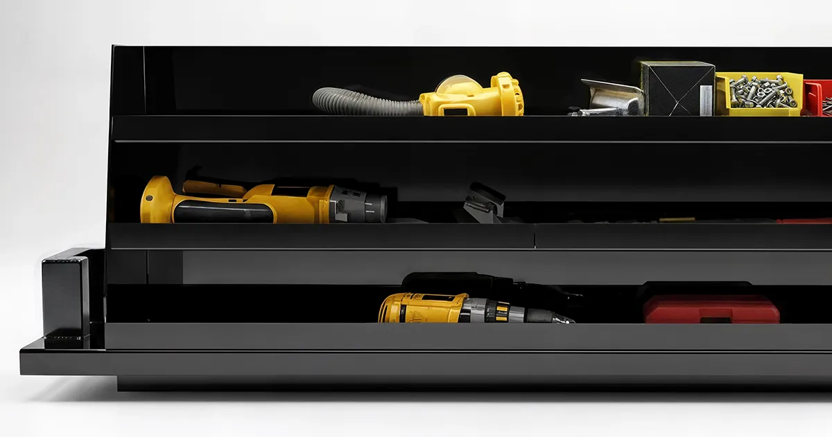 repeatable roll-out toolbox layout with modular removable inserts for service trucks