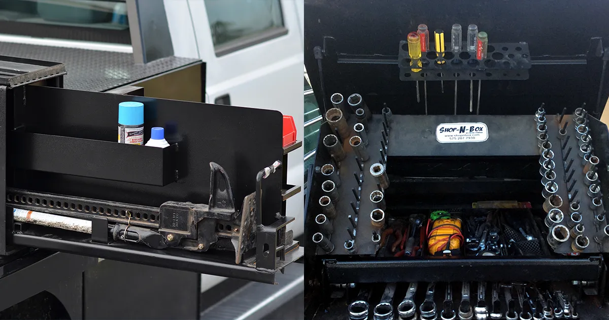 truck bed organization system with full access and tool organizer inserts