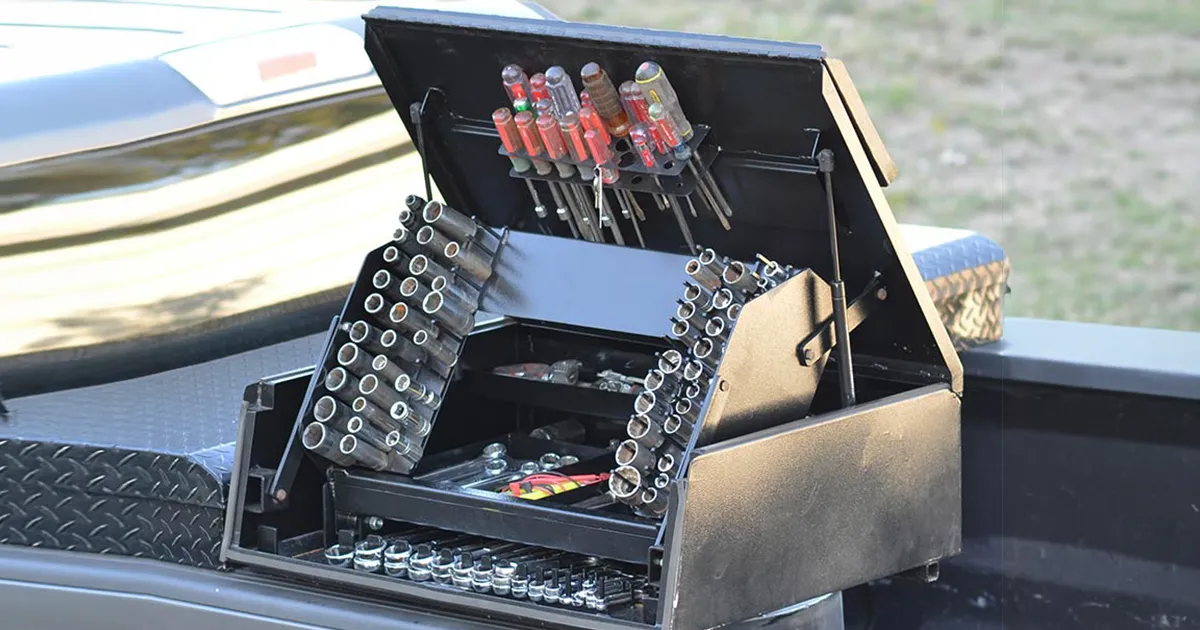truck bed tool organization with roll-out toolbox access and modular removable inserts