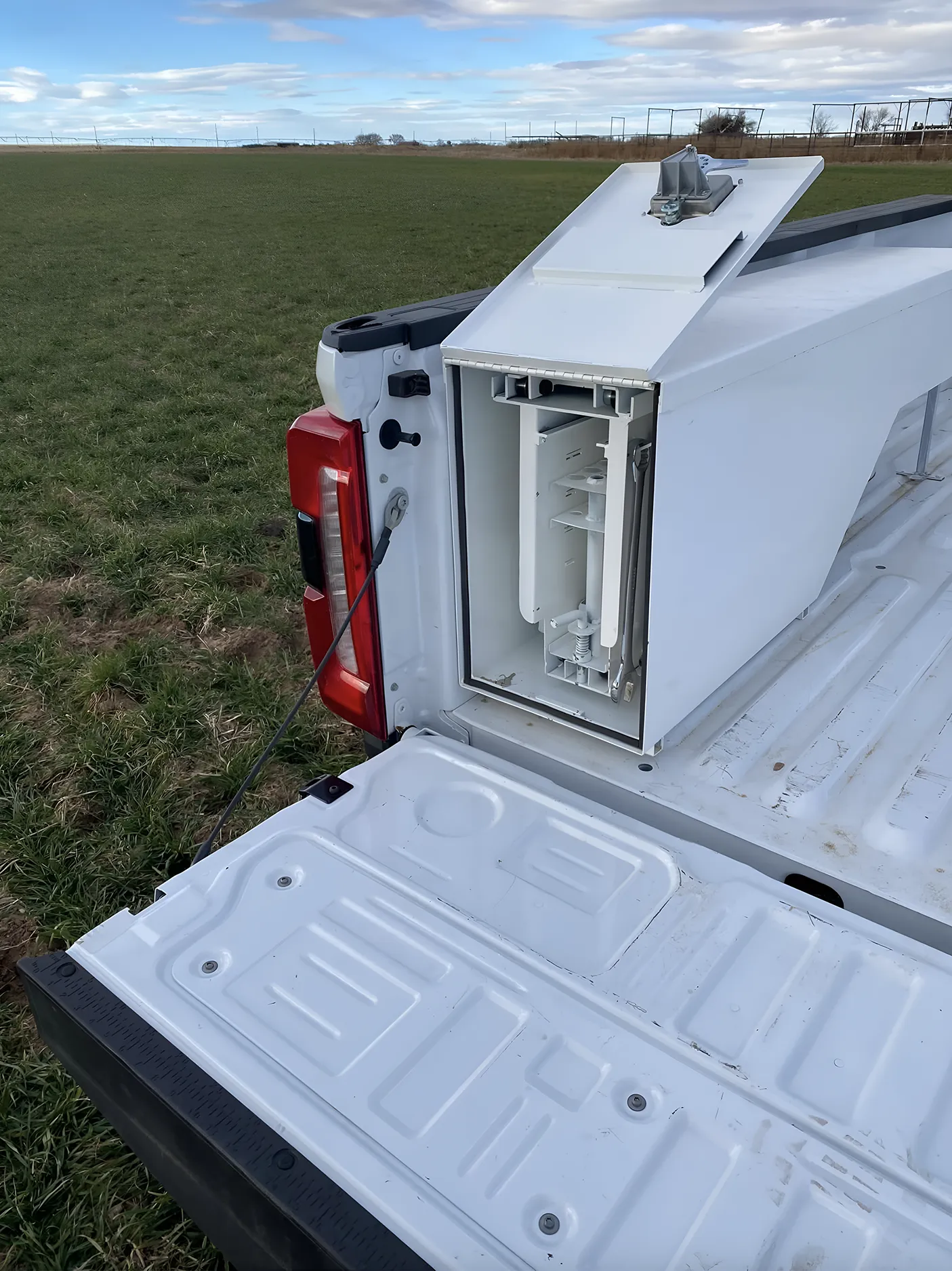 Fleetside box rear access door open truck bed toolbox compartment