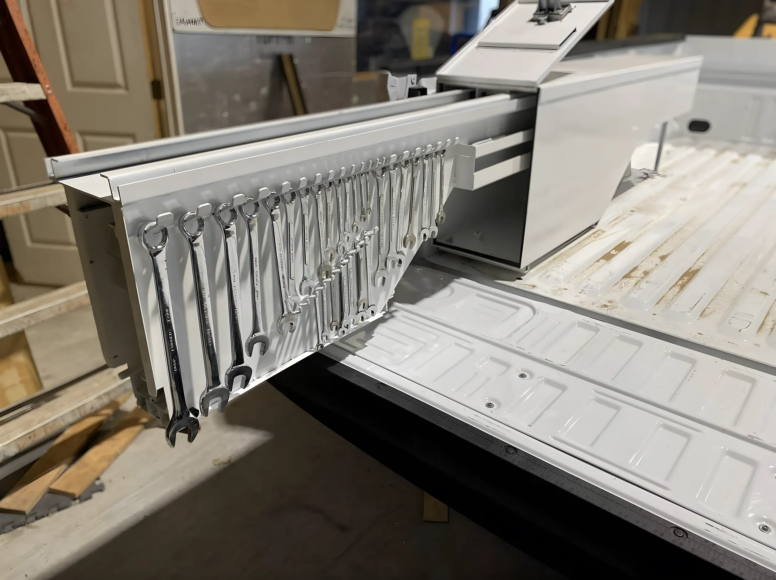 Fleetside toolbox rollout insert wrench rack truck bed