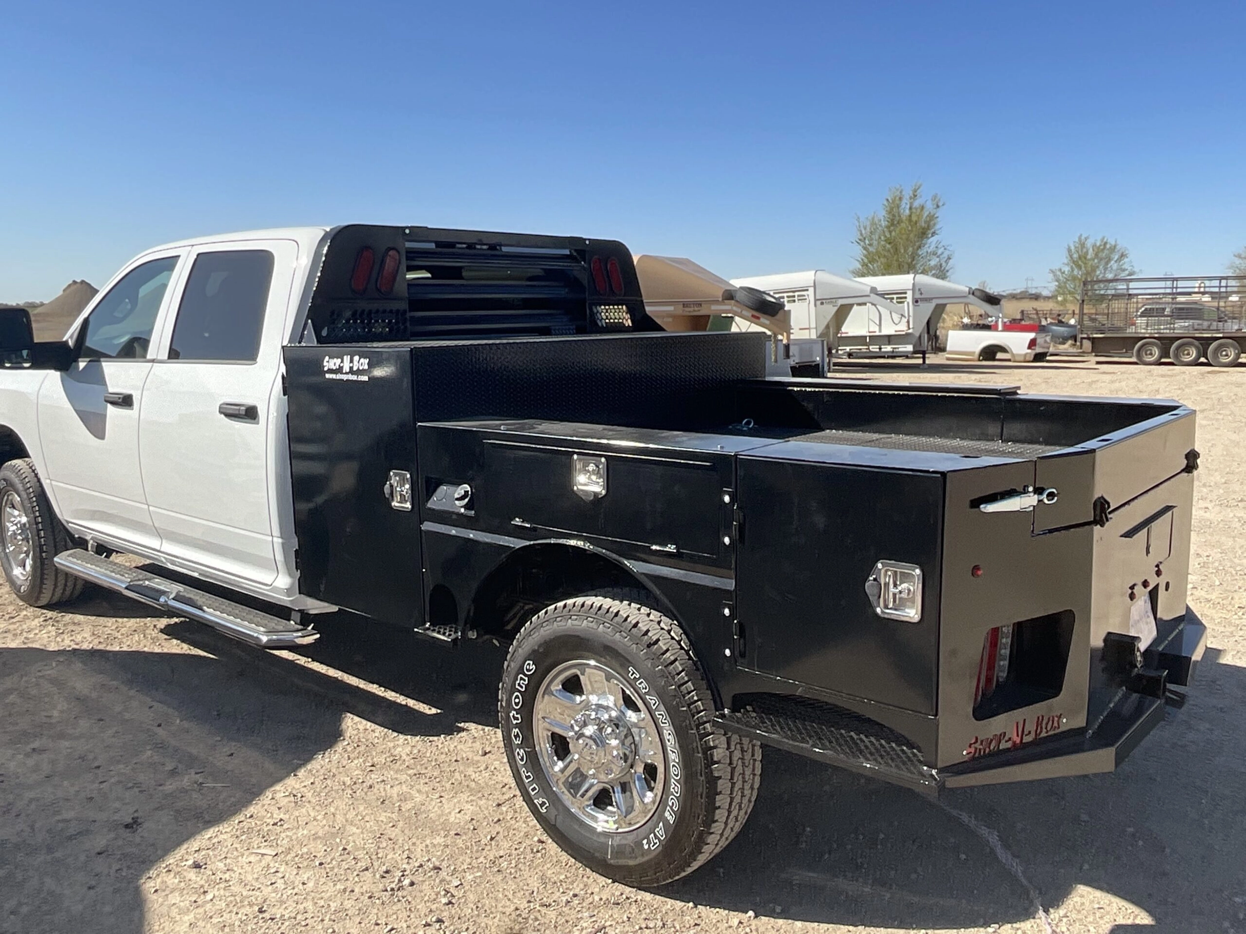 Shop-N-Box Gen 2 flatbed with two 1-80 toolboxes integrated storage